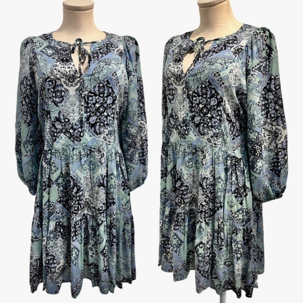 Calvin klein bohemian tiered dress with long blouson sleeves